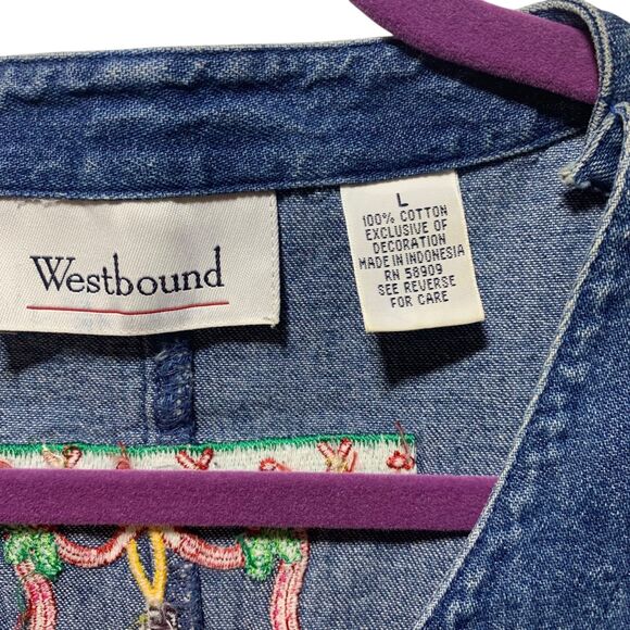 Westbound Vintage Womens Denim Christmas Button Front Jumper Dress Embroidered L - Picture 2 of 7